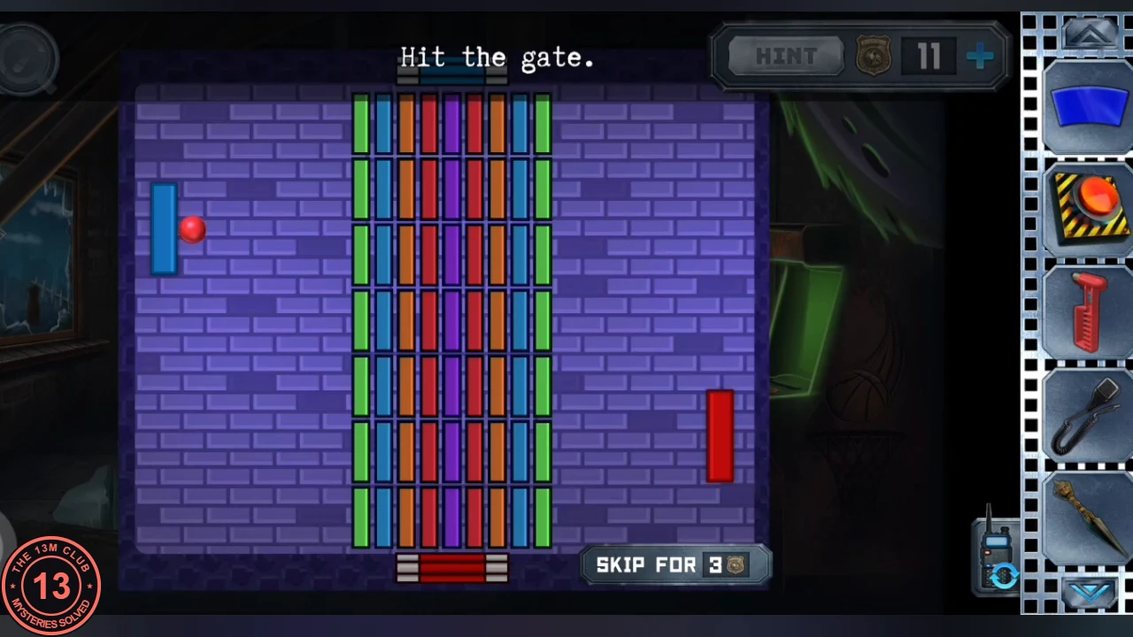 Brick breaker on a purple wall: a blue paddle at left with a red ball, a red paddle at right, coloured brick columns in the middle and a red gate at the bottom, instruction 'Hit the gate.'