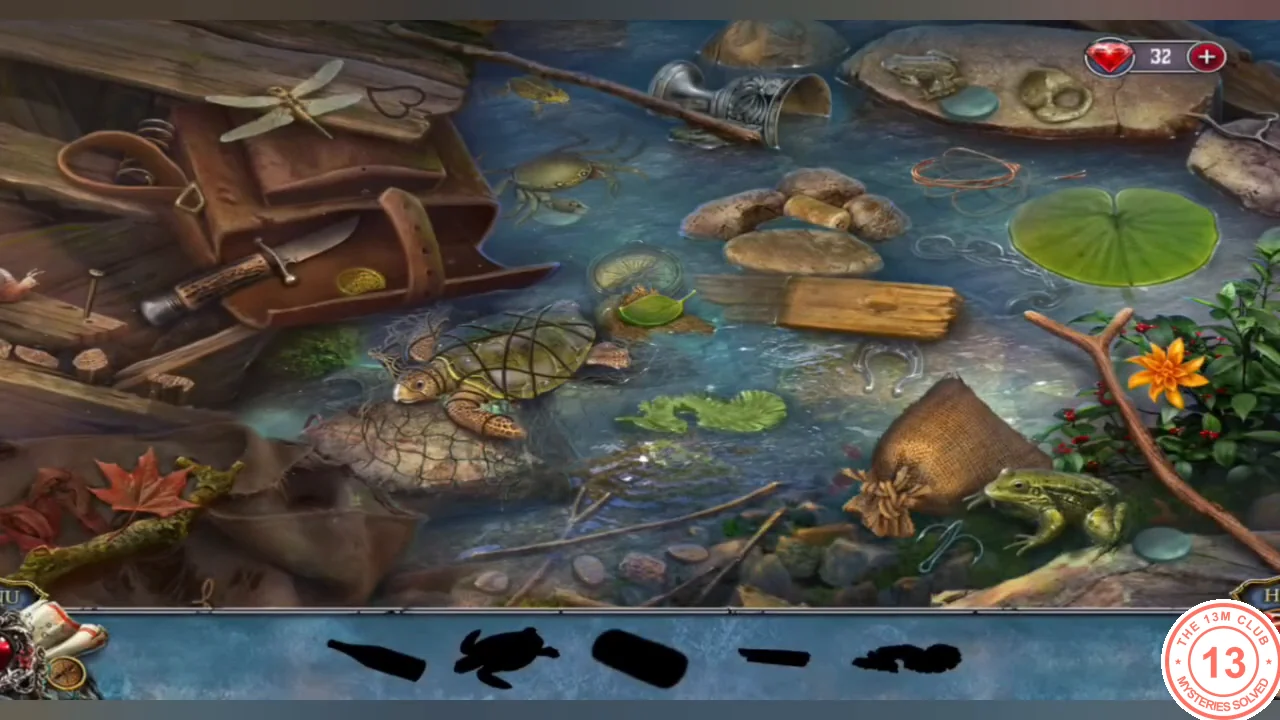 Riverbed hidden-object scene with a turtle, a frog and a bag, and silhouettes in the bottom bar