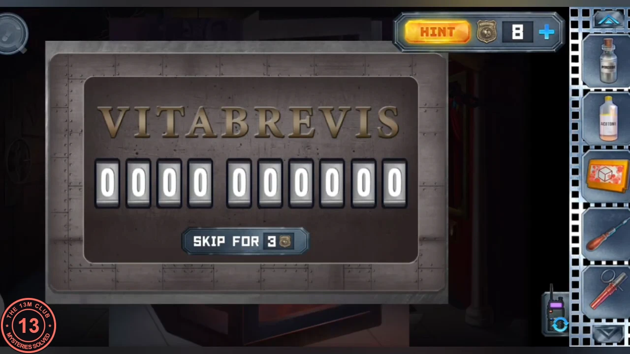 Metal lock plate engraved VITABREVIS above ten number wheels all showing 0
