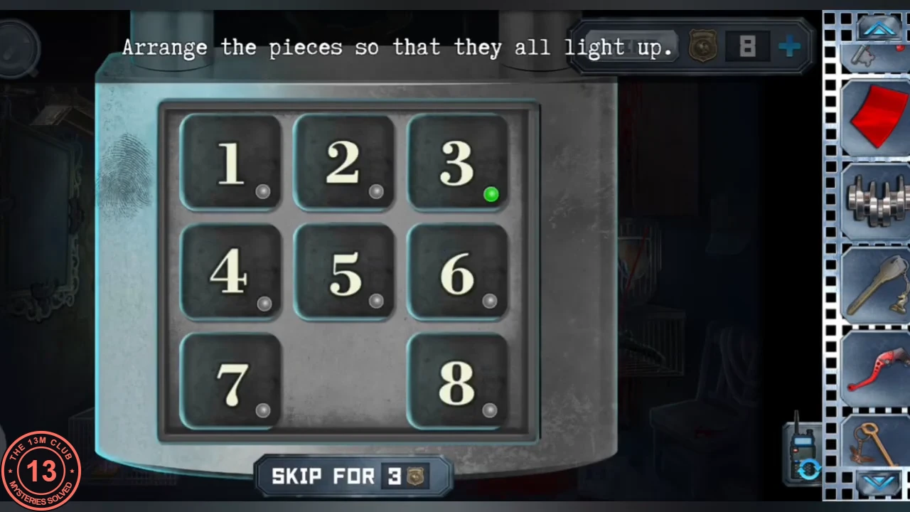 Cage padlock sliding puzzle: eight numbered tiles in order 1 2 3 / 4 5 6 / 7 _ 8 with a grey dot on each tile except a green dot on tile 3, instruction 'Arrange the pieces so that they all light up.'