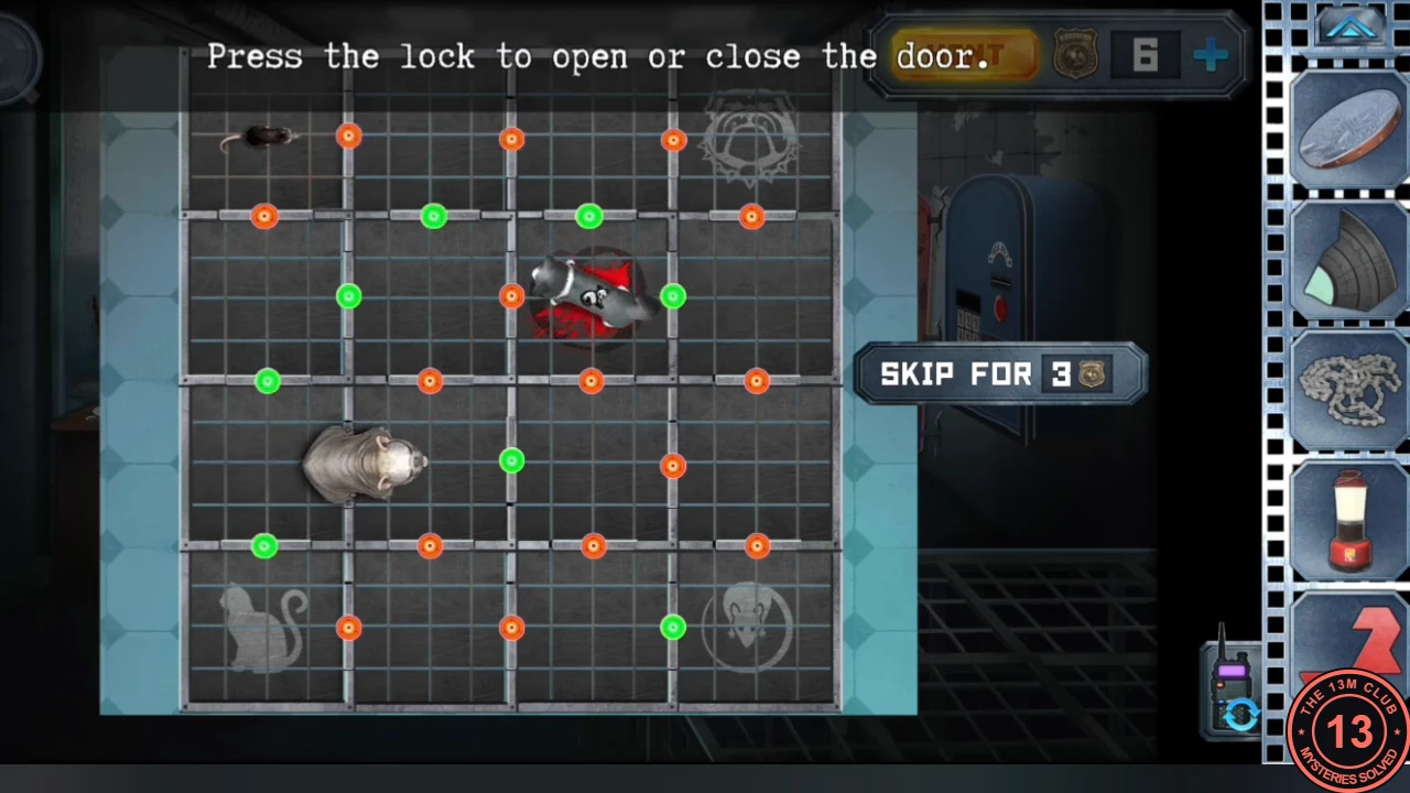 Grid of cages seen from above with green and orange lock buttons on the doors; a mouse top left, the cat on a red mat in the centre and the bulldog on the left, with cat, mouse and bulldog target icons in three corners