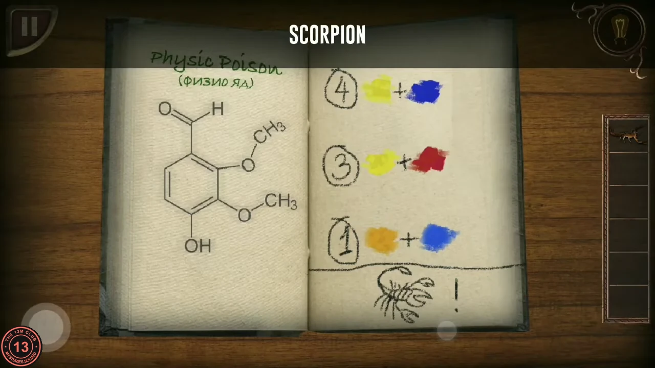 Notebook page titled Physic Poison showing 4 yellow plus blue, 3 yellow plus red, 1 orange plus blue and a scorpion sketch.