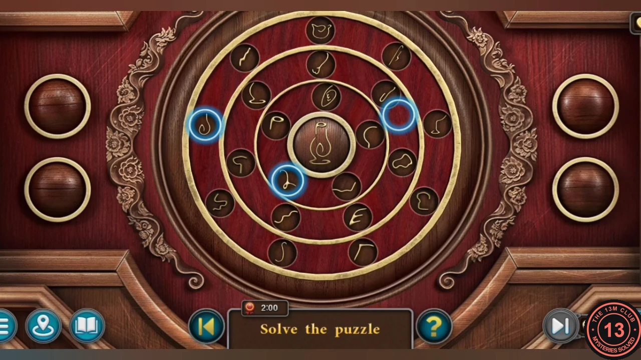 Crow door ring puzzle: three concentric rings of line tokens with blue target circles and four empty corner slots