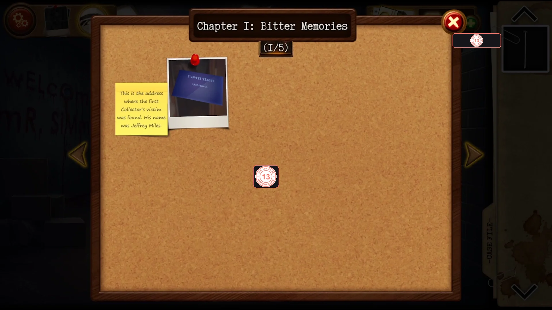 Chapter 1 Case File corkboard with the first evidence photo pinned and the counter showing 1/5
