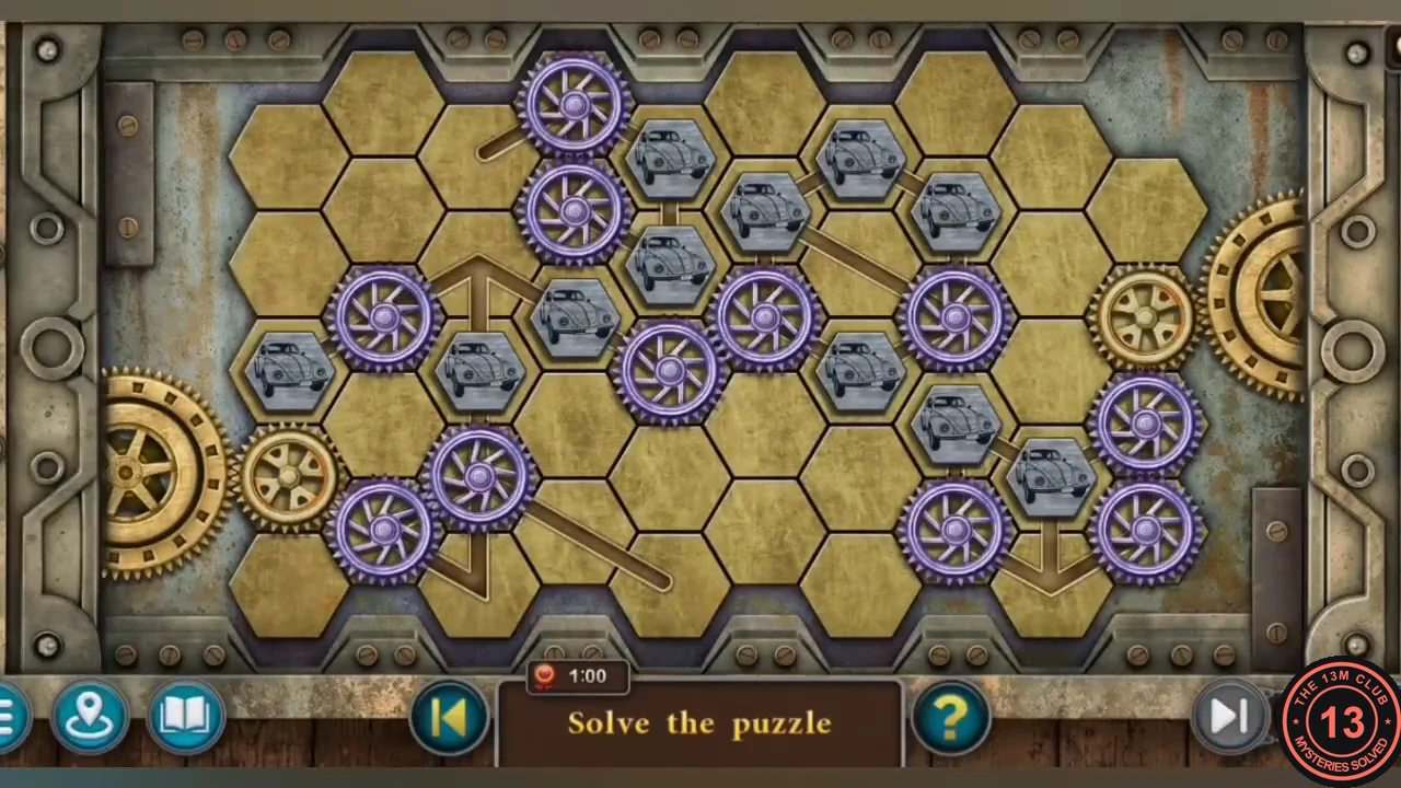 Garage door gear puzzle: purple gears and grey car tiles on a honeycomb panel between two large gold gears