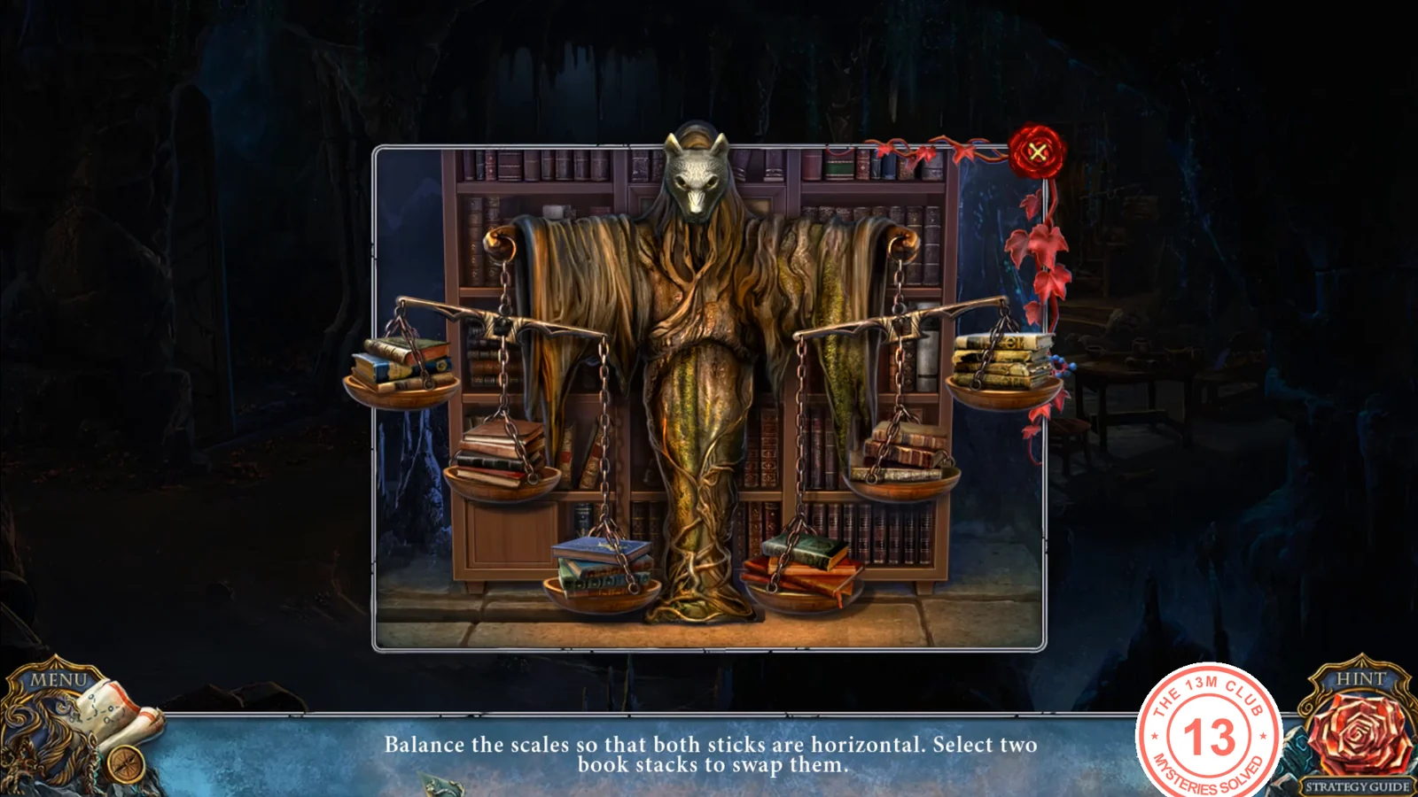 Wooden statue holding two scale beams with stacks of books on the pans