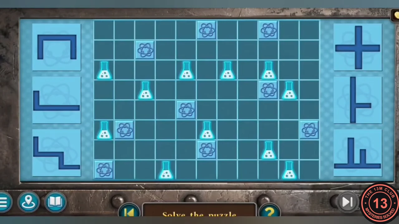 Power terminal pipe puzzle: a blue grid with atom and flask squares and six pipe pieces in the side trays