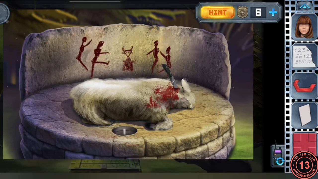 The goat asleep on the altar with blood on its neck and the broken knife stuck in it; above it the red drawing of four dancing stick figures around a horned figure