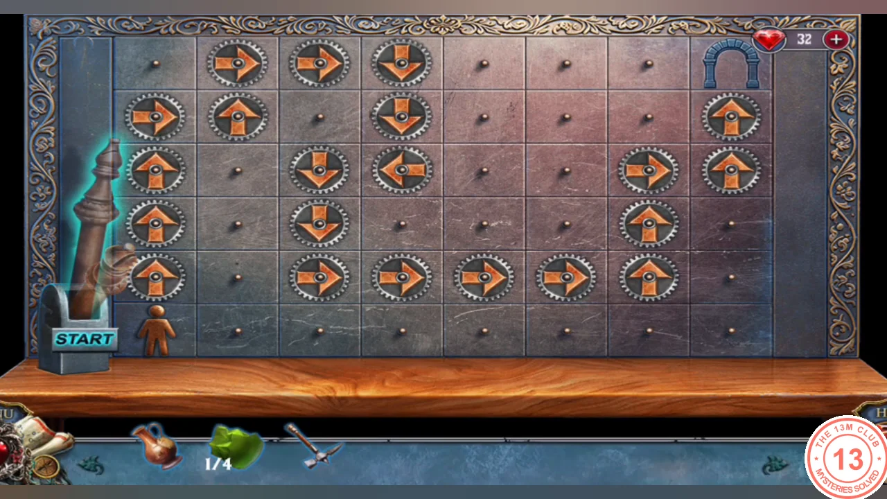 Completed gear path of arrows from the start to the exit at the top right