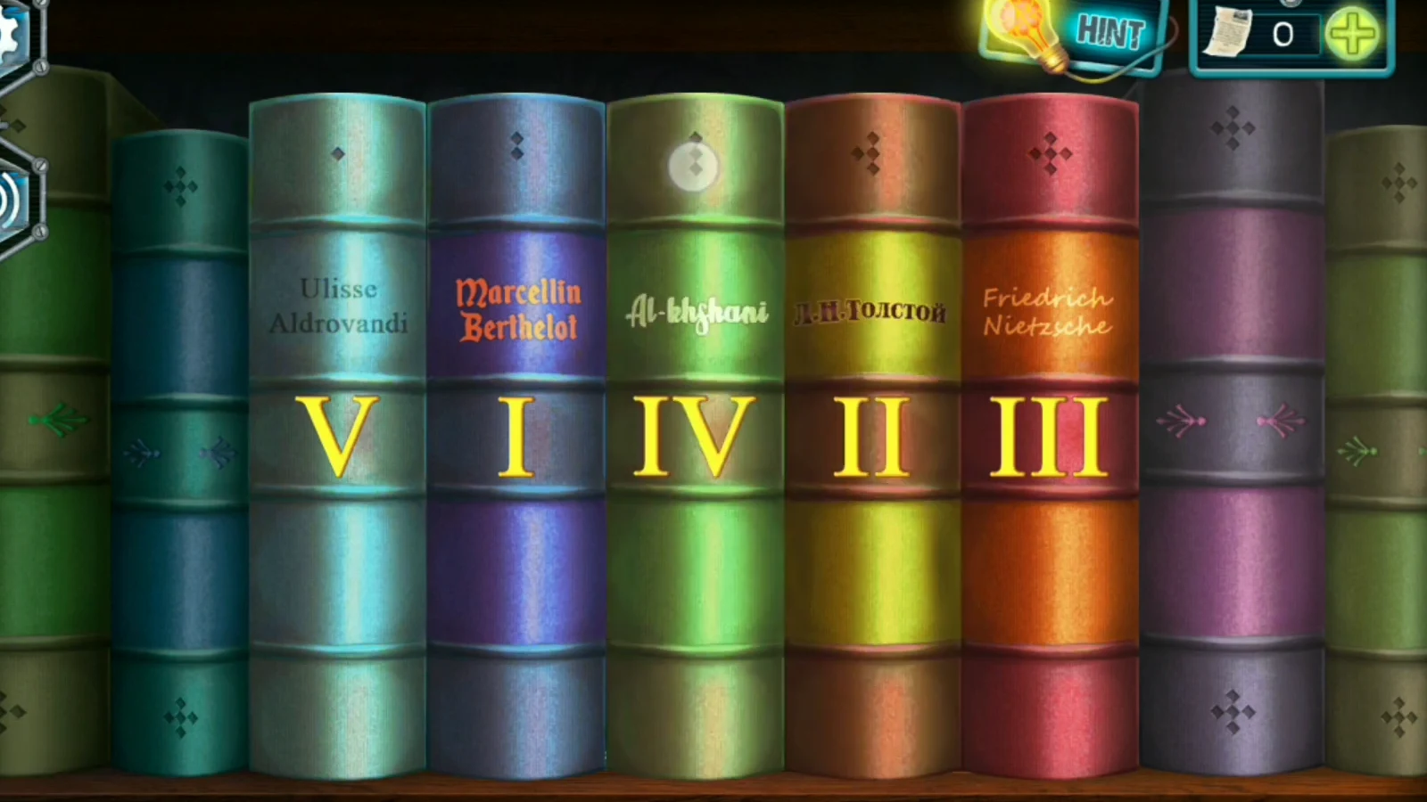 Five books in the order V, I, IV, II, III with one to five dots on their tops from left to right