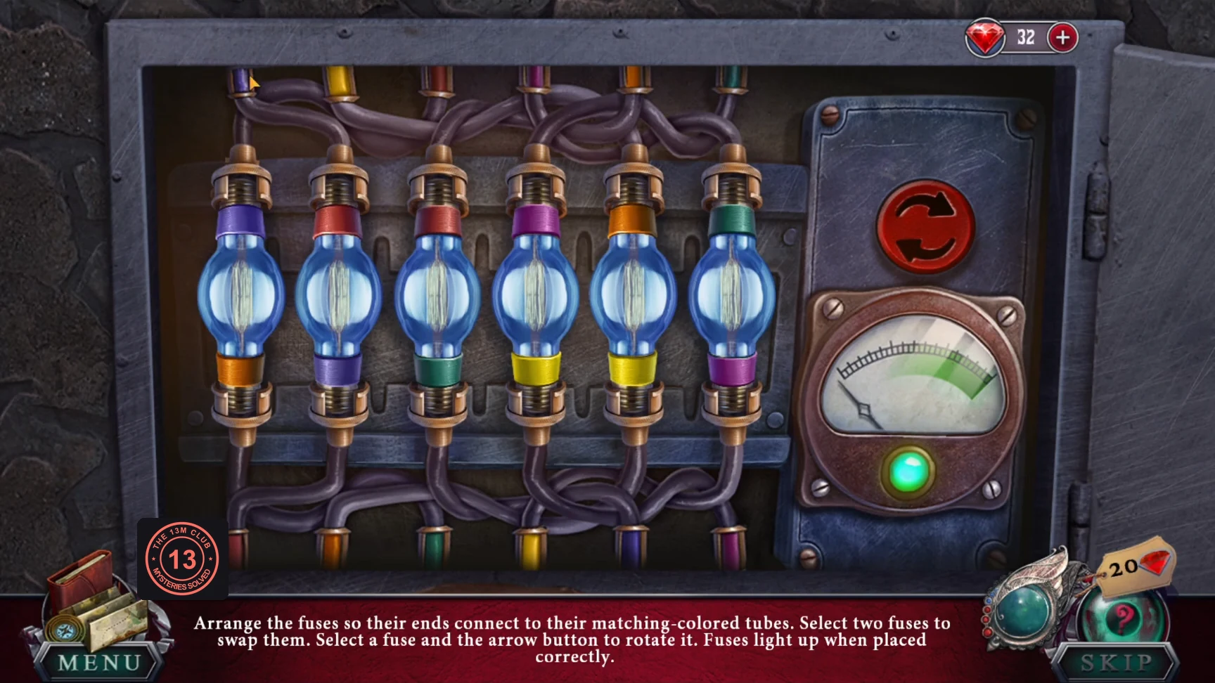 Fuse box with six unlit fuses, coloured tubes above and below, and the rotate button