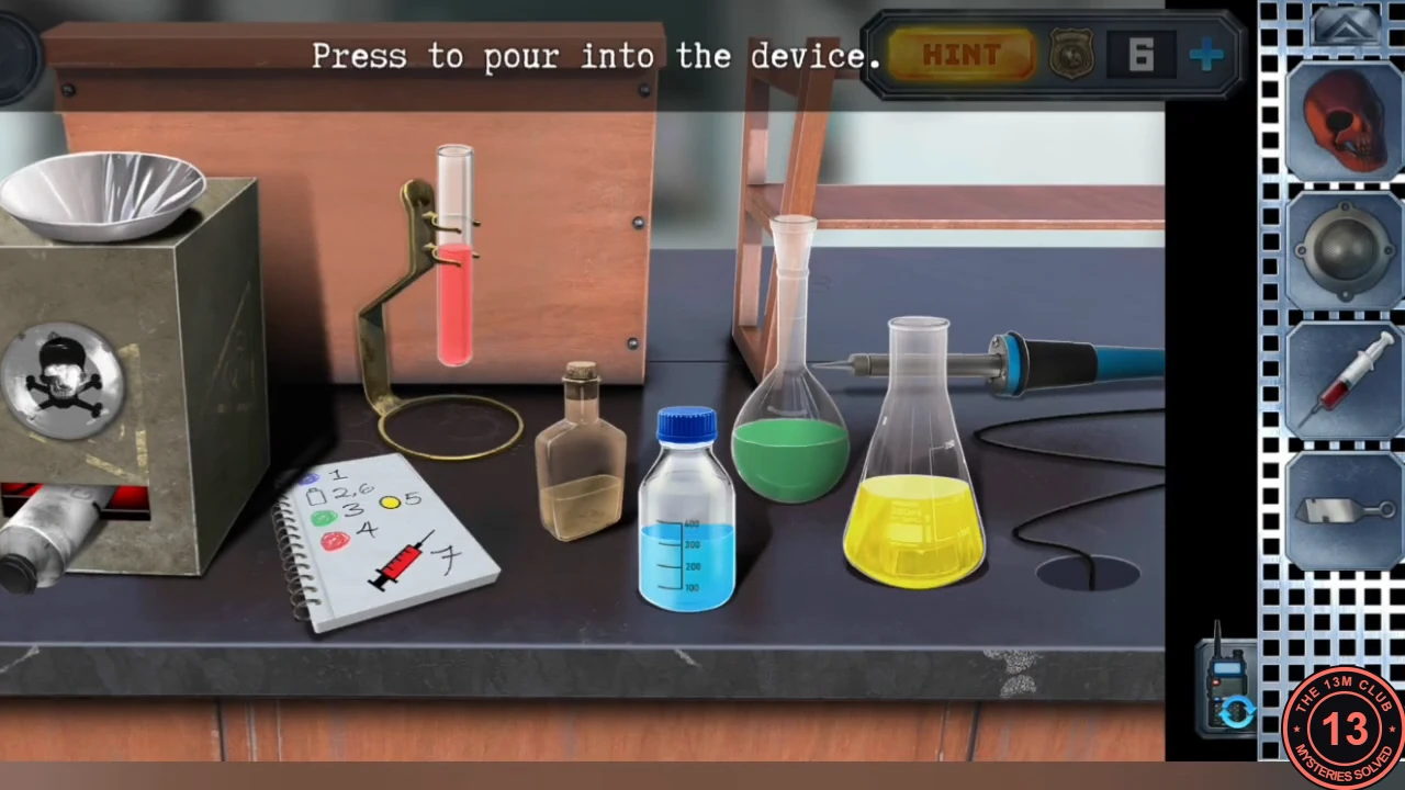 Lab central desk with the pouring device on the left, the chemistry note numbering the liquids, a red test tube, a brown bottle, a blue bottle, a green flask and a yellow flask, and the instruction "Press to pour into the device."