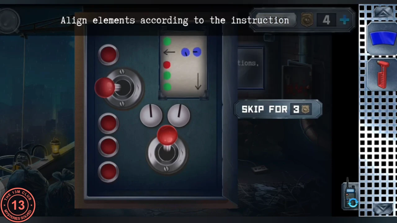 Alley switch panel with four red lamps, two joysticks, two dials, and the cheat sheet pinned at the top right showing a left arrow, two blue dial marks, a down arrow and coloured dots