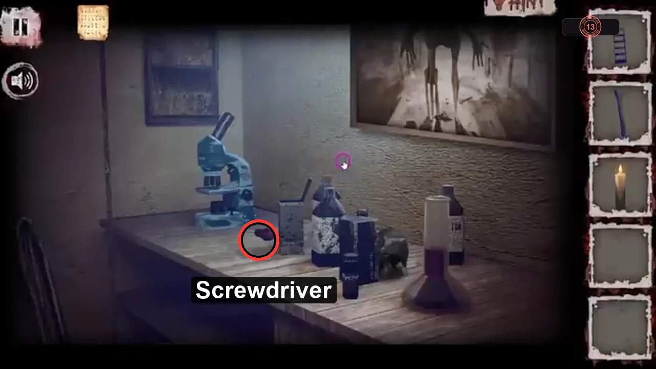 Laboratory workbench with a microscope and bottles, the red-handled screwdriver circled