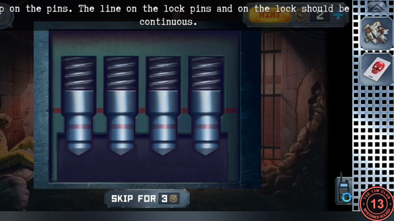 Opened cell lock showing four spring-loaded pins whose red lines do not yet line up with the red line on the lock body