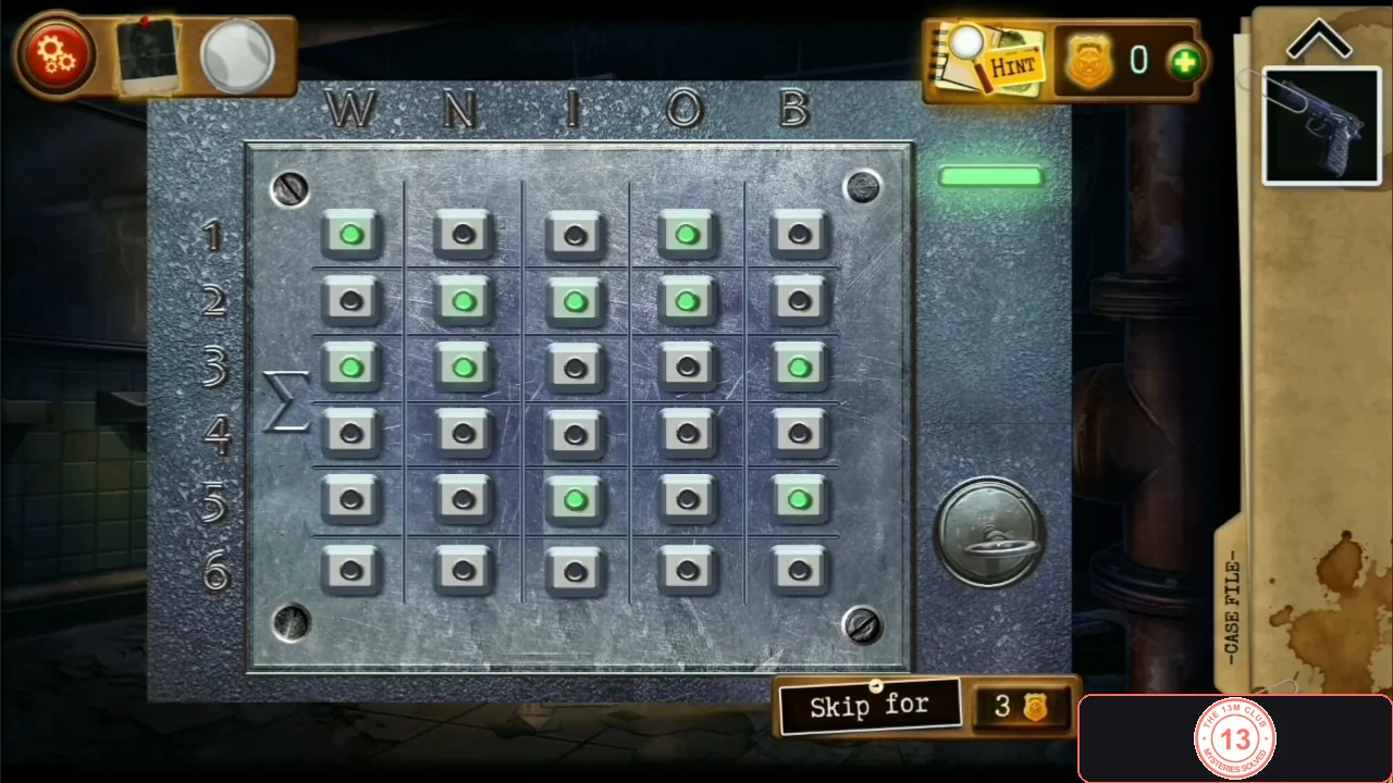 The same panel with two green buttons in each column and the bar at the top right lit green