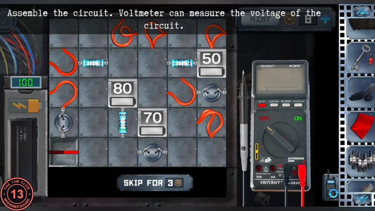 Crypt circuit panel: loose wire, resistor and connector tiles on a grid, the 100 source on the left, boxes marked 80, 50 and 70, a voltmeter on the right, instruction Assemble the circuit. Voltmeter can measure the voltage of the circuit.
