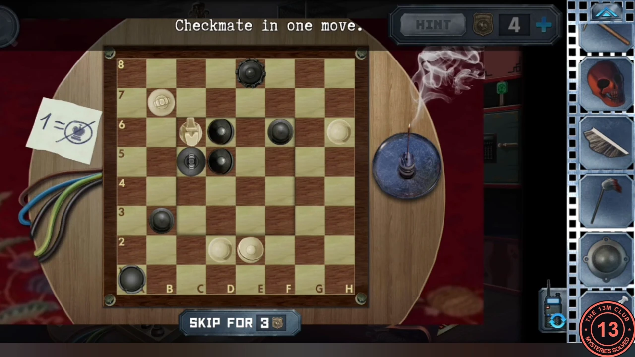 The living-room chess table showing the first 'Checkmate in one move' position, with white pawns on d2 and e2, a note '1=' beside the board and an incense burner on the right.