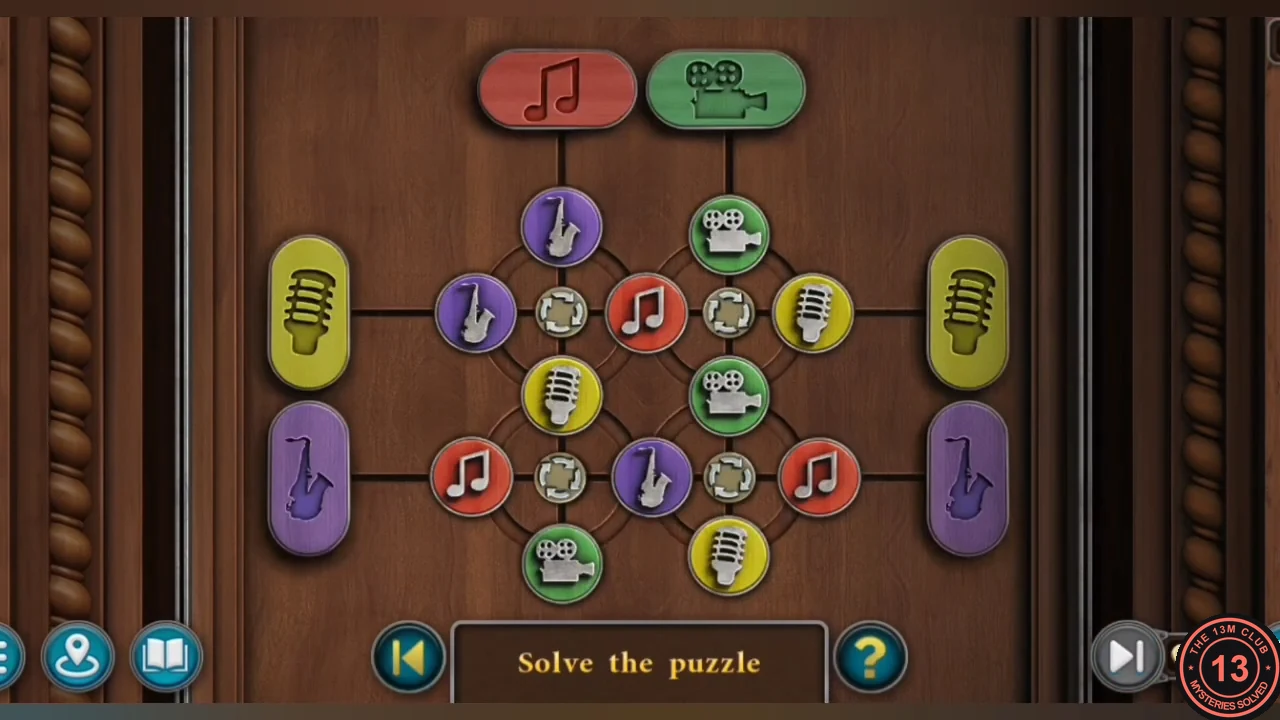 Oak leaf door lock with four rotating hubs of note, camera, microphone and saxophone symbols