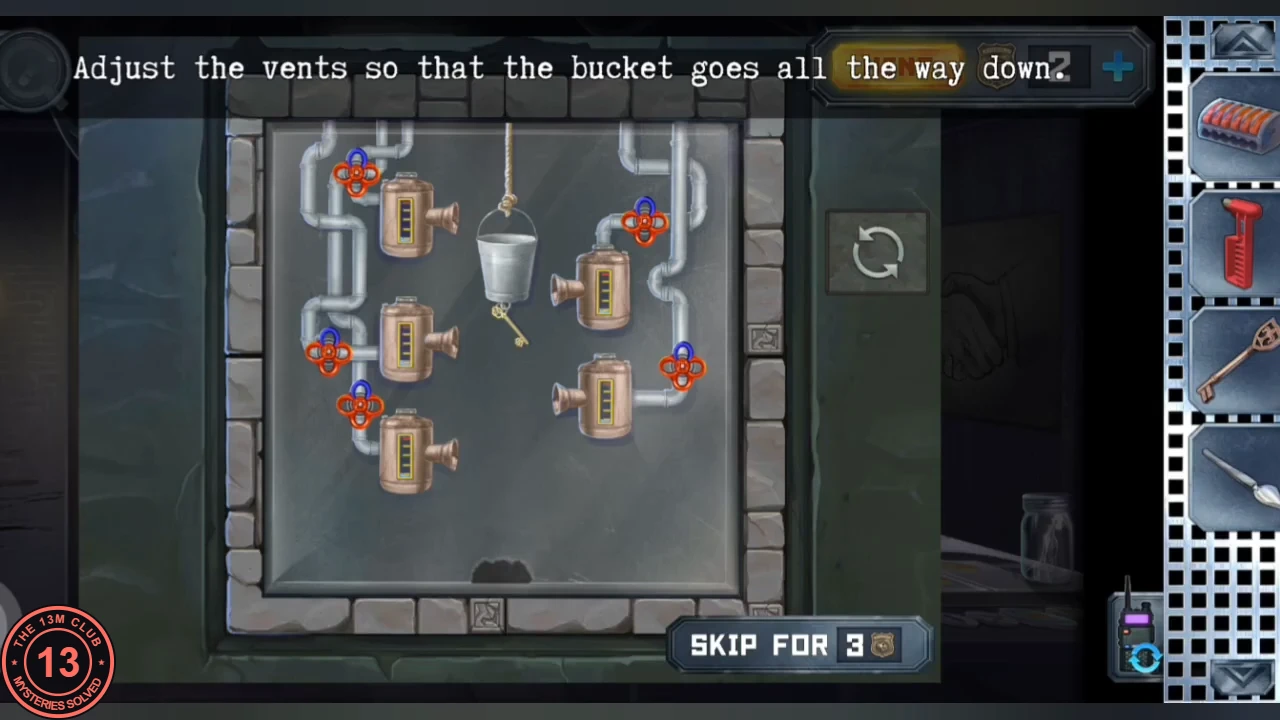 Corridor bucket panel: a bucket with a key hanging from a rope in the centre, six copper vents on pipes with red valve wheels on both sides, instruction 'Adjust the vents so that the bucket goes all the way down.'