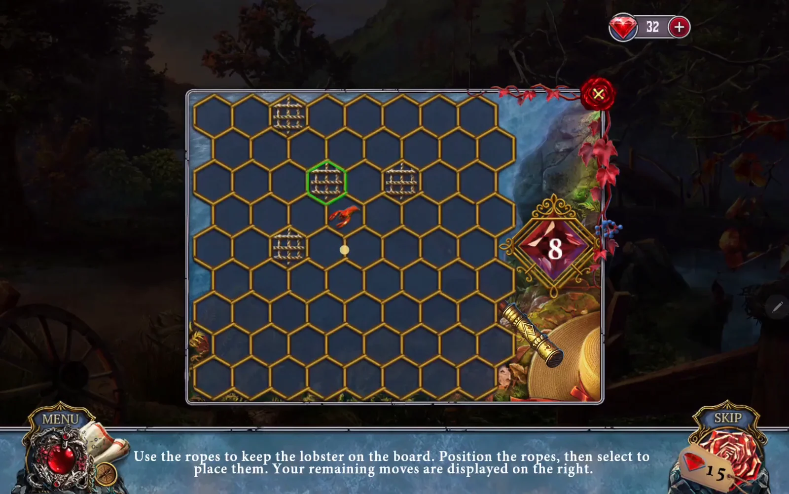 Hexagon board with a few rope hexagons around the red lobster and 8 moves shown on the right