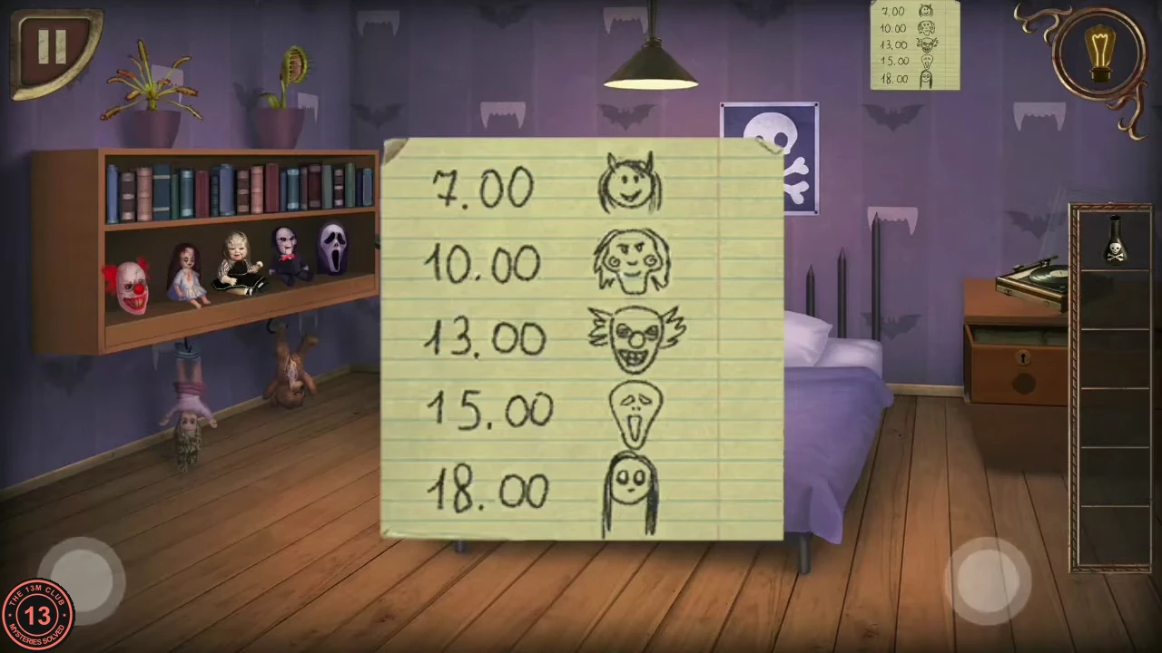 The schedule note: 7.00 horned face, 10.00 wild-haired face with spiral cheeks, 13.00 clown, 15.00 Scream mask, 18.00 long-haired girl.