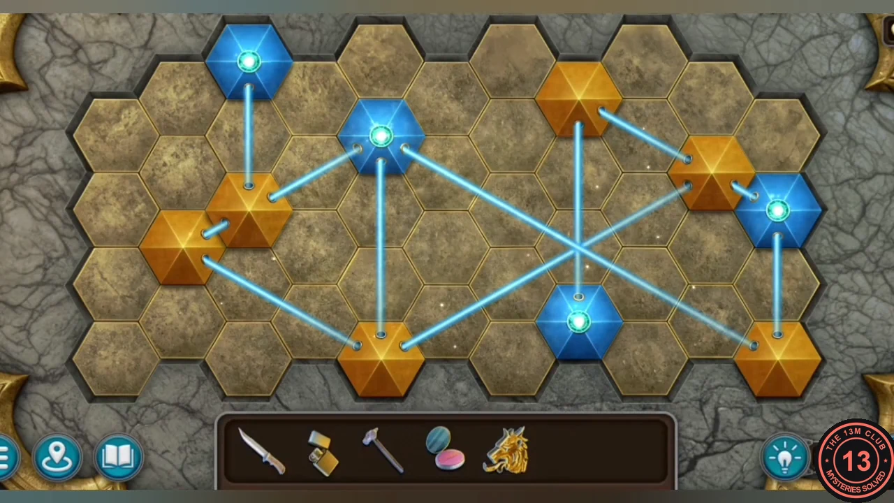 Solved beam puzzle with light beams linking all blue emitters and gold prisms