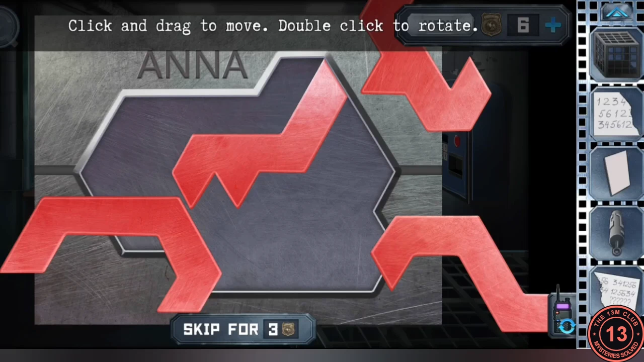 The mirror-room exit door marked ANNA with a hexagon outline and loose red pieces lying across it; instruction 'Click and drag to move. Double click to rotate'