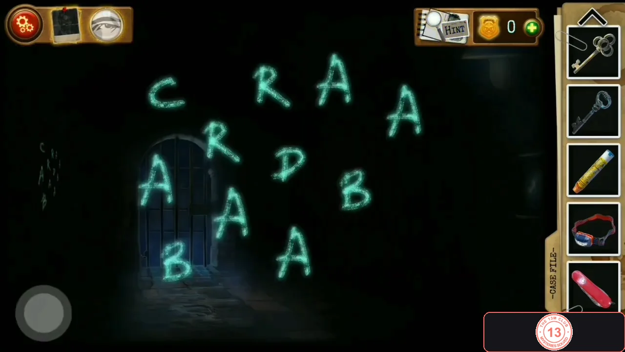 Dark gate corridor with glowing green letters A, B, R, C, D floating on the wall