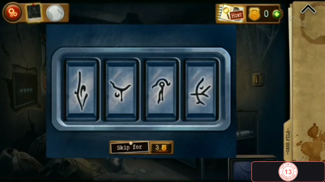 Safe dials set to symbols I, II, III and IV from left to right