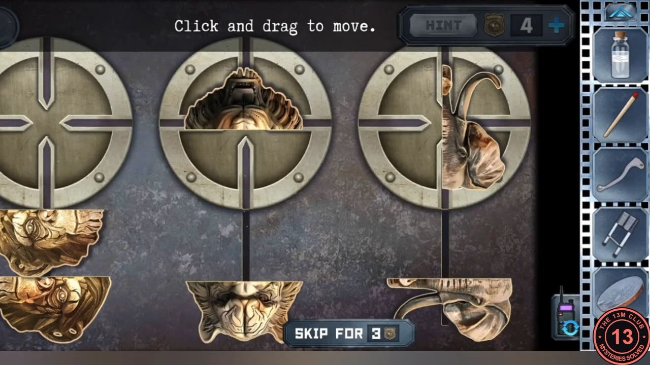 The forest door with three round frames: monkey, tiger and elephant head pieces split into halves and scattered on the rails, with the instruction 'Click and drag to move'.