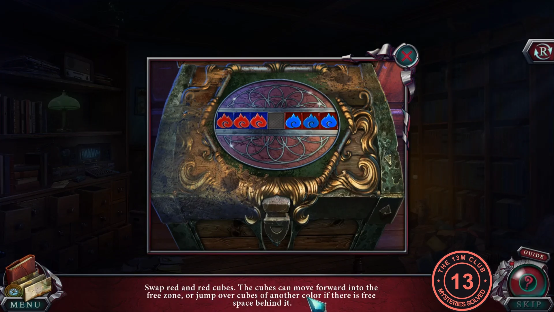Trunk lid with three red and three blue cubes in a row of seven slots