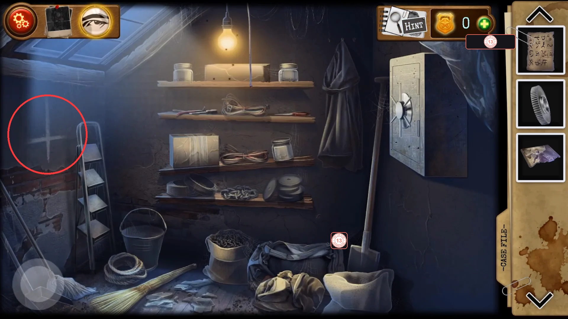 Pantry with shelves of tools and jars, a stepladder against the left wall, a pale inverted cross on the wall behind it, a broom, sacks and a wall safe on the right