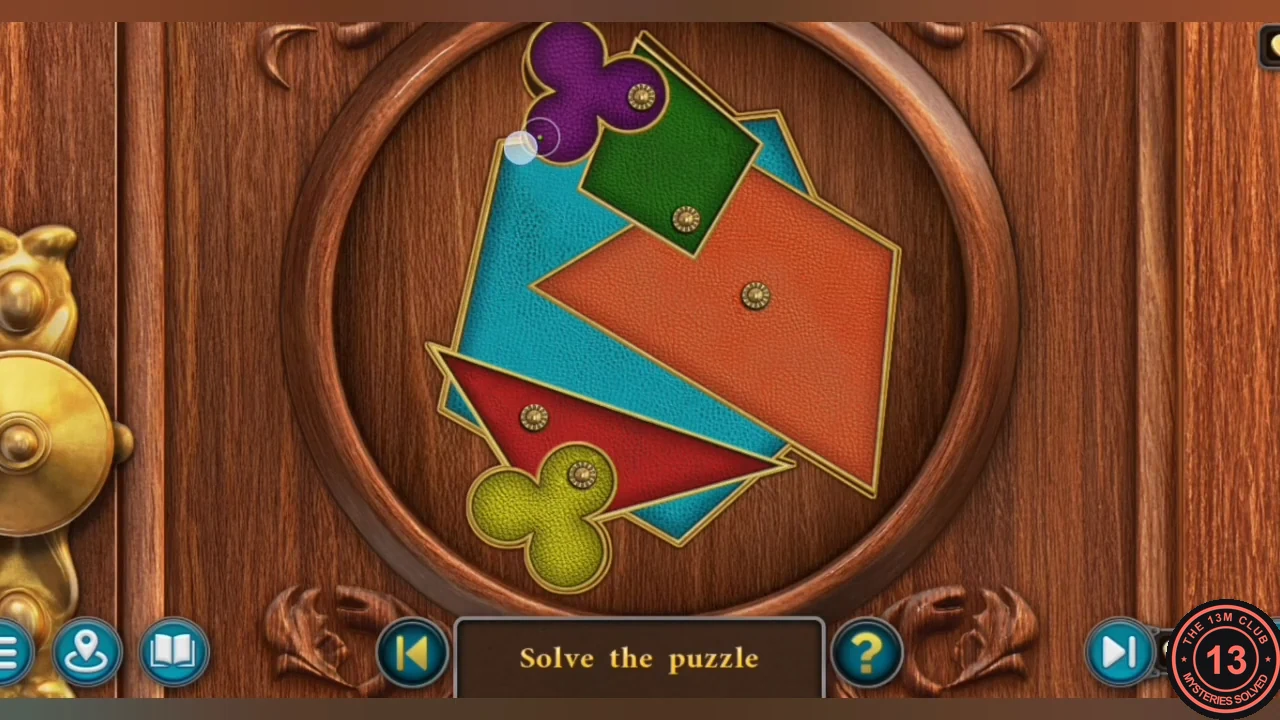 Solved shape puzzle: the overlapping coloured pieces cover the whole dark recess, purple clover at the top and yellow clover at the lower left