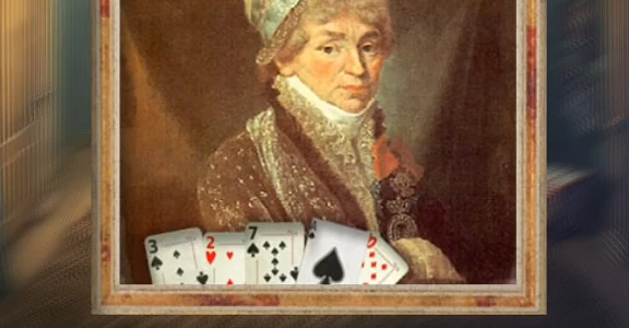The lower part of the woman's portrait showing her hand of cards: 3 of spades, 2 of hearts, 7 of spades, ace of spades and a red diamond card.