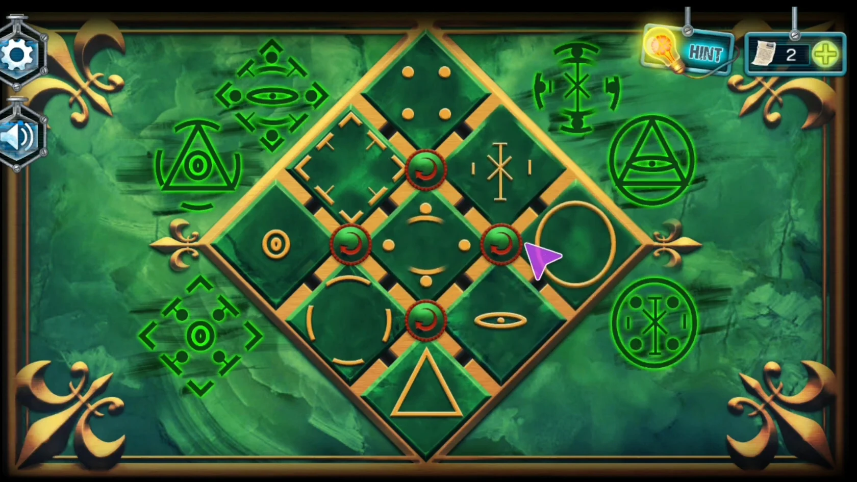 Rhombus box with all six outer symbols glowing green and the nine tiles in their final places