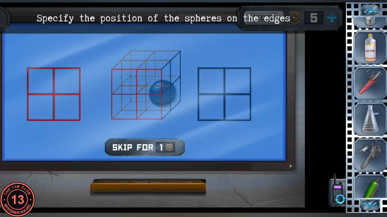 Mechanism-room TV: a wireframe cube with one sphere between an empty red front grid and an empty blue side grid, instruction Specify the position of the spheres on the edges