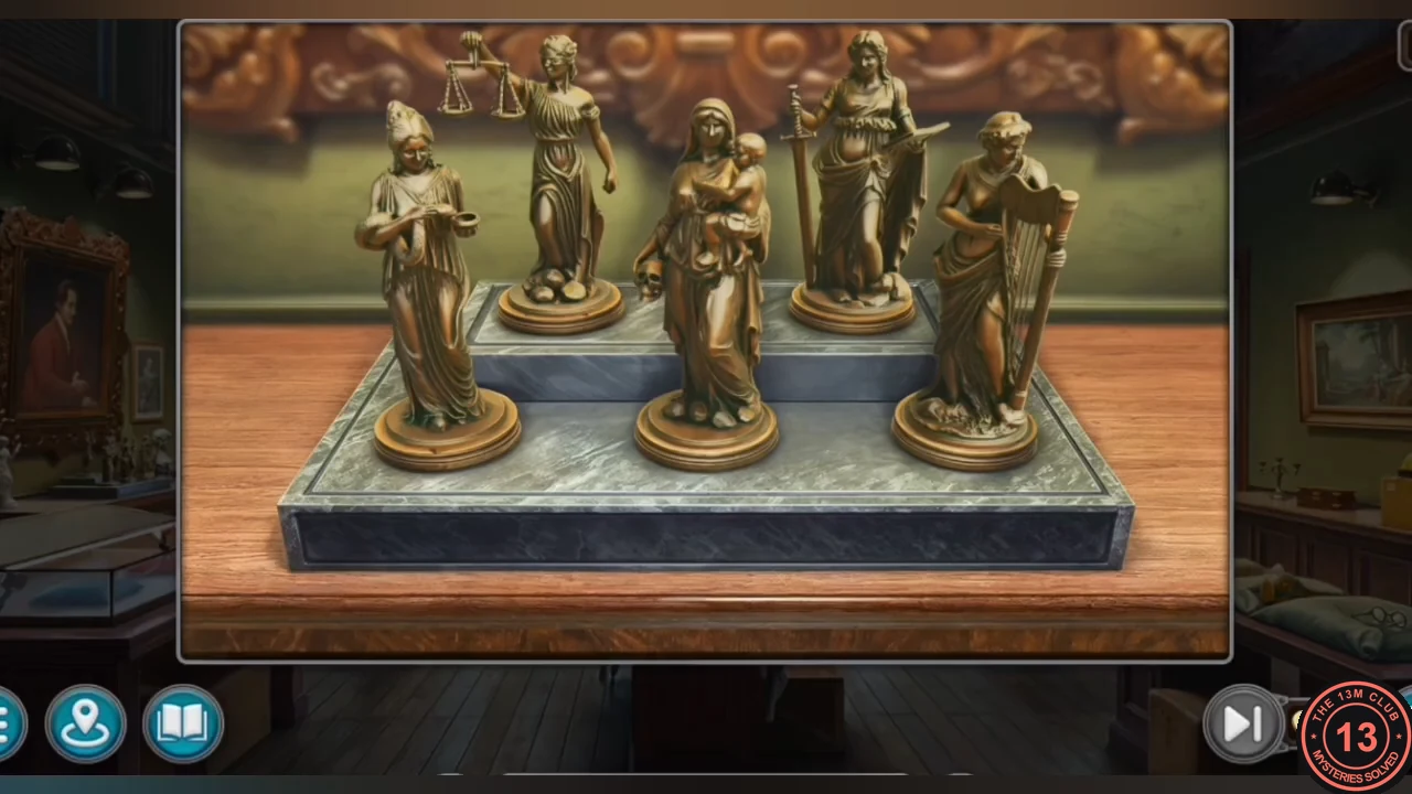 Figurine stand with five bronze statues on their plinths, all five facing the viewer at the start of the puzzle
