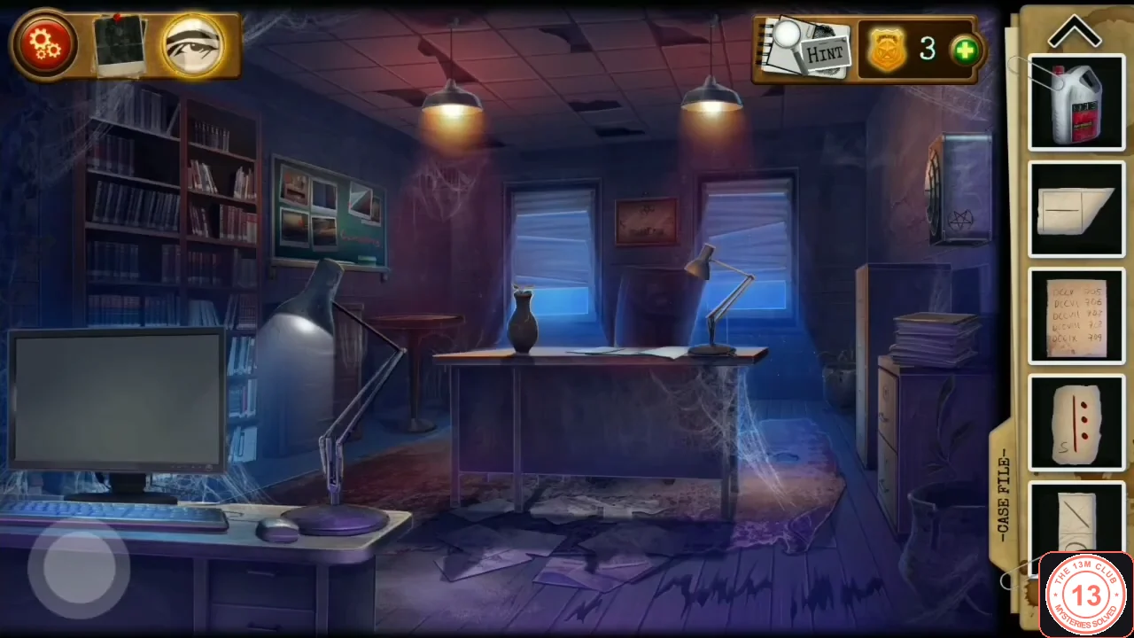 Factory office with a bookshelf and a green photo chalkboard on the left wall, a desk with a vase and lamp in the middle, a computer in front and a wall safe and drawer cabinet on the right