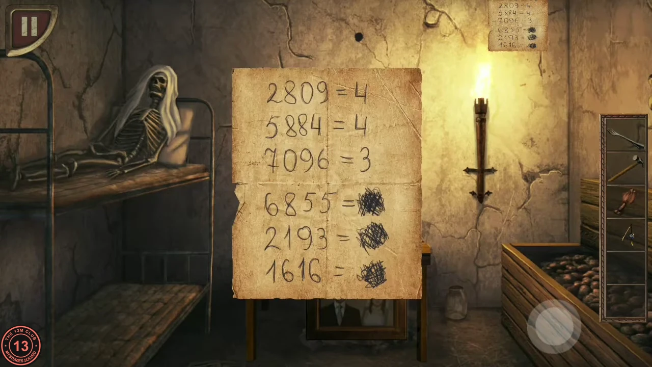 The note from the wall reading 2809=4, 5884=4, 7096=3, 6855=?, 2193=?, 1616=? with the answers scribbled out.