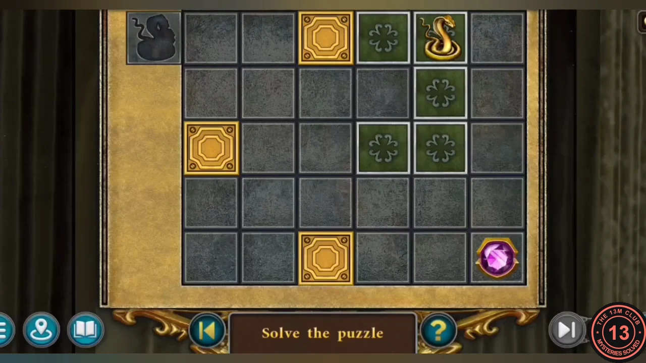 Pharmacy door snake puzzle: a 6 by 5 board with a few green clover tiles, gold blocks and a purple gem at the bottom right