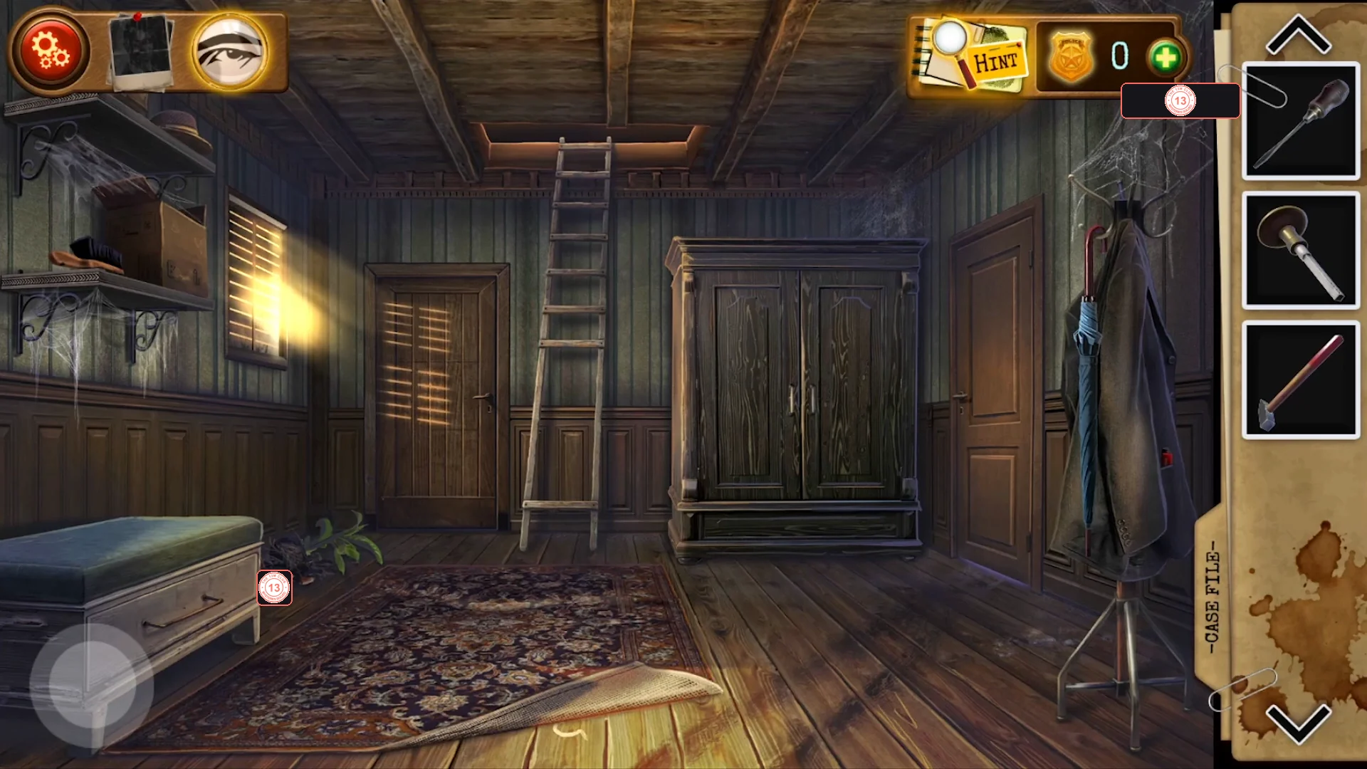 Wooden hallway with a bench on the left, a rug on the floor, a ladder up to the attic hatch, a tall wardrobe and doors on the right