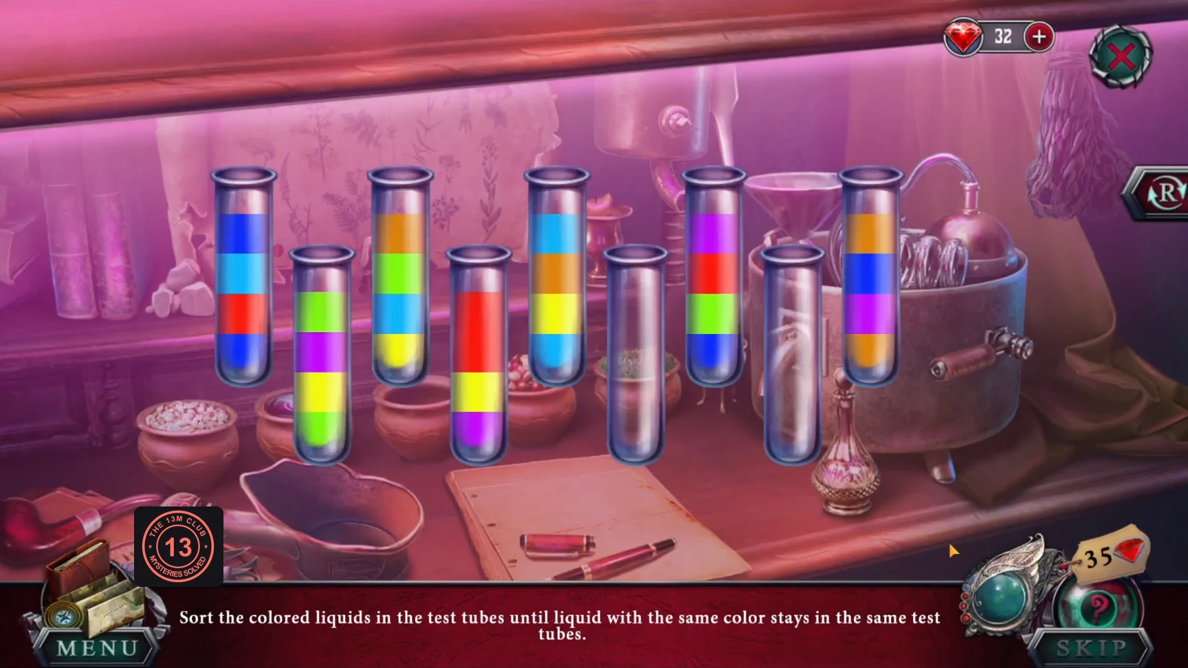 Rack of nine test tubes holding layers of coloured liquid, two of them empty