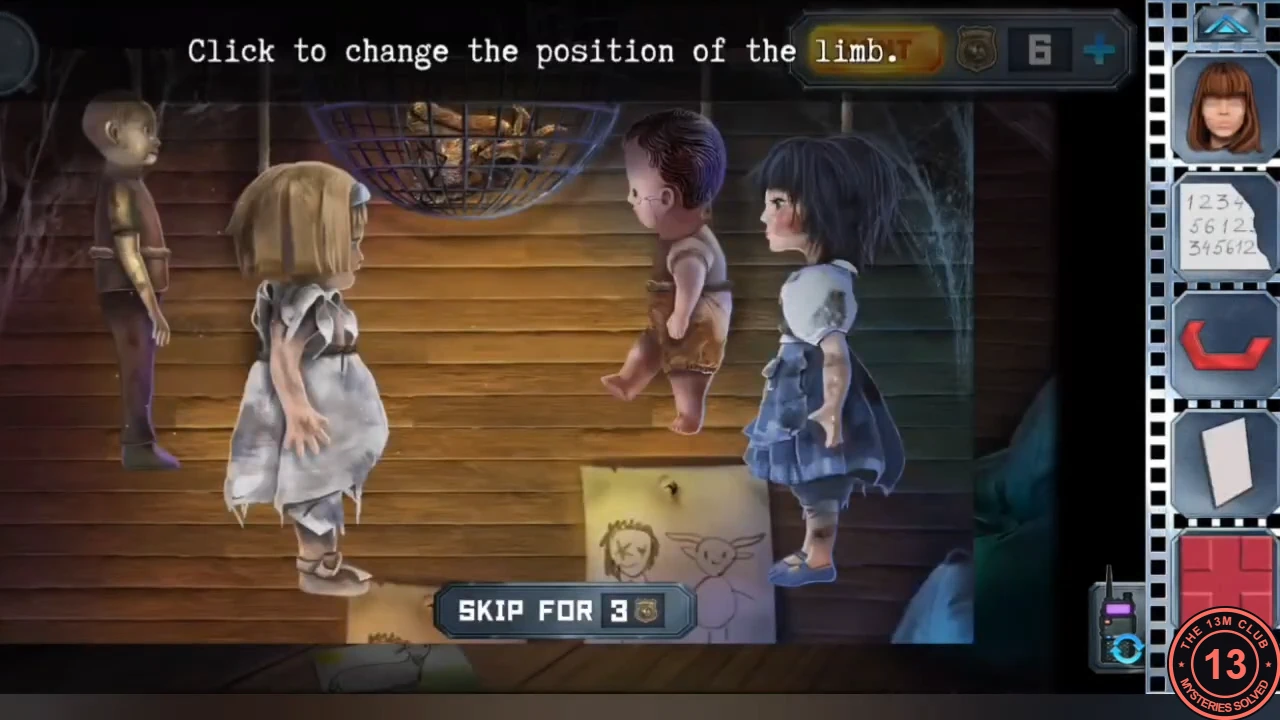 Four dolls hanging on the treehouse wall in neutral poses with limbs down; instruction 'Click to change the position of the limb'