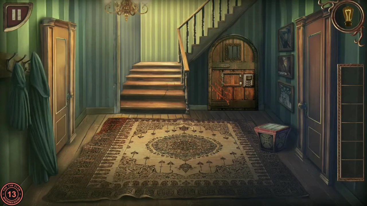 The foyer with green coats hanging on the left, a folded rug corner, the staircase and the locked left-hand door.