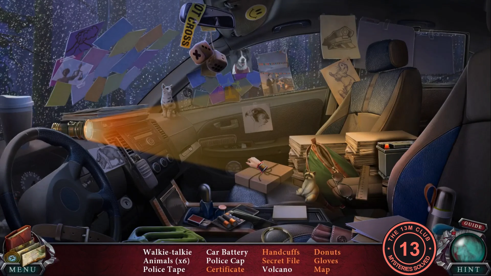 Interior of the sheriff's truck cab with the item list at the bottom