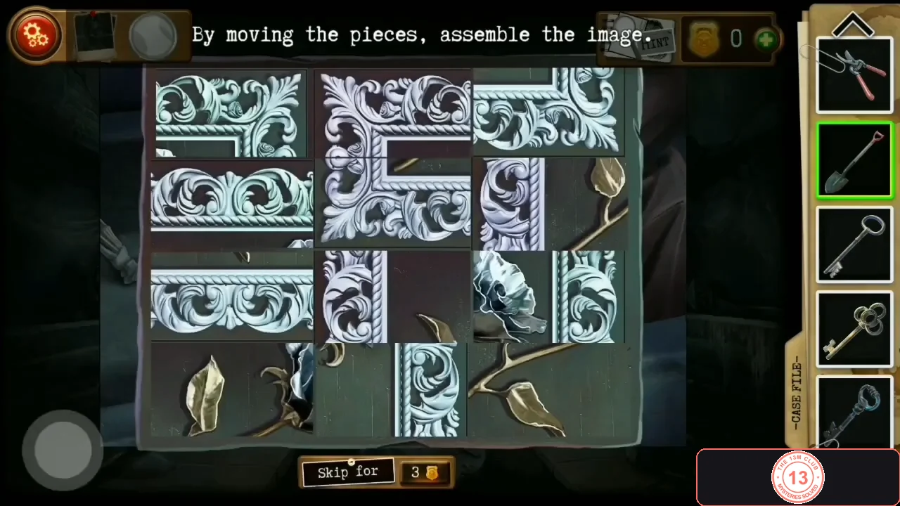 Scrambled picture puzzle of an ornate silver frame and a rose, with the instruction By moving the pieces, assemble the image