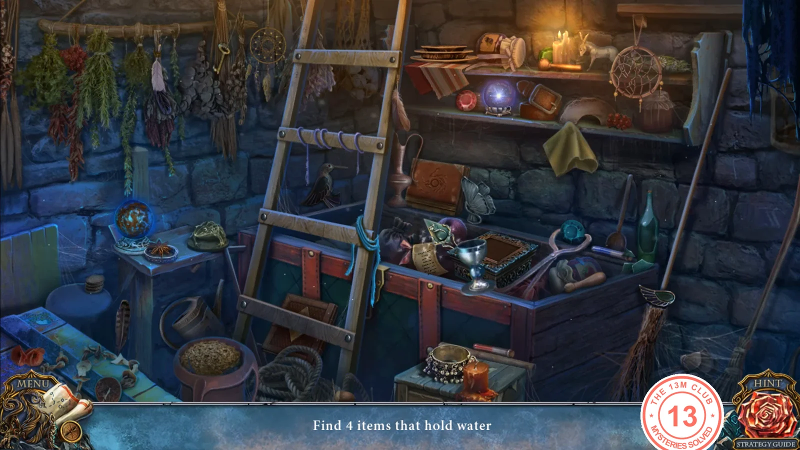 Granny's cellar with a ladder and shelves, bar reading "Find 4 items that hold water"