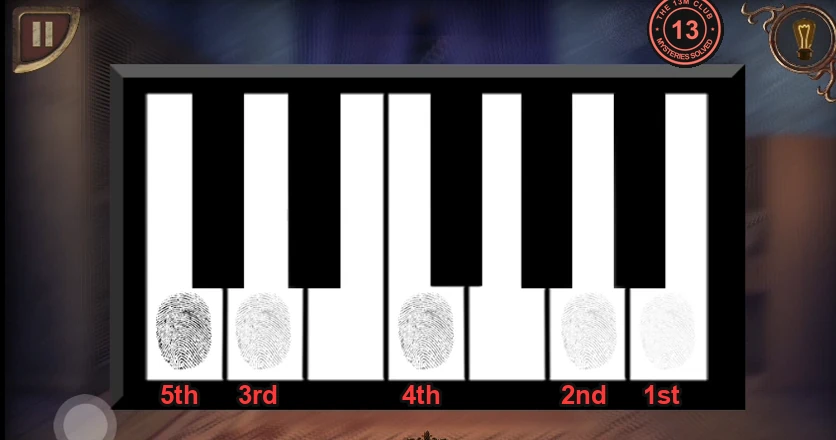 The piano keyboard close-up with fingerprints on white keys 1, 2, 4, 6 and 7, labelled 1st to 5th in pressing order.