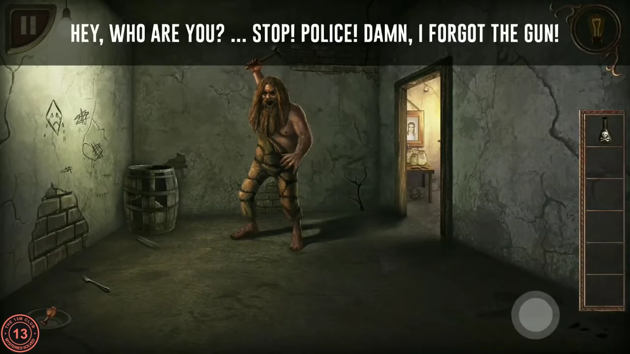 A bare cellar room where a bearded man raises a hammer; a fork and a frying pan with meat lie on the floor at the bottom left.